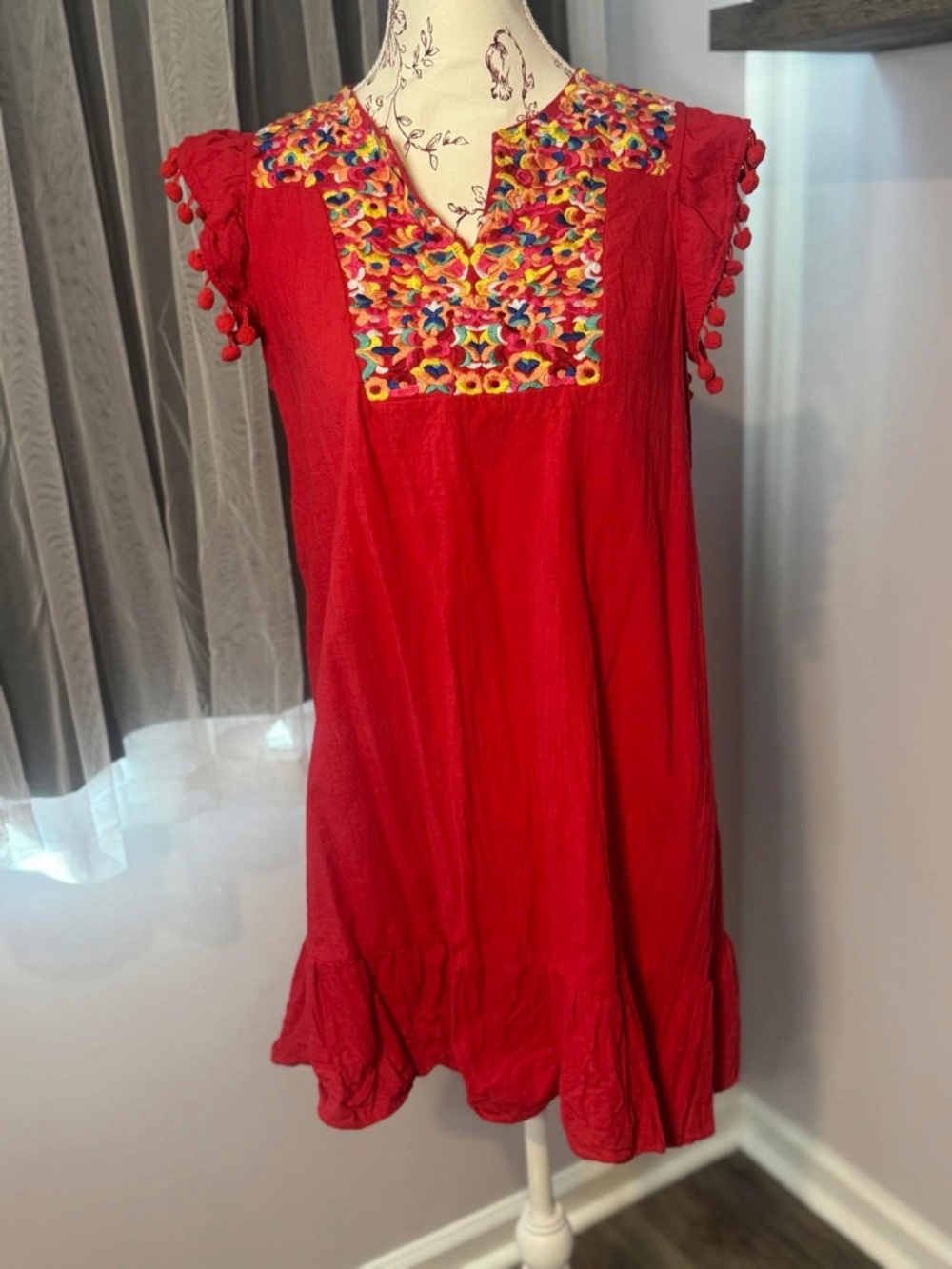 Red Embroidered Flutter Sleeve Dress with Pom Trim